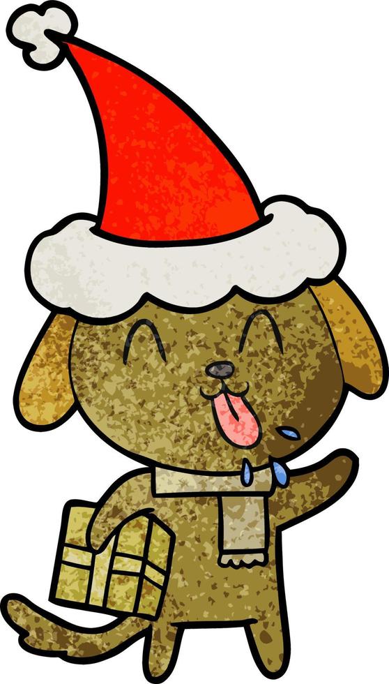 cute textured cartoon of a dog with christmas present wearing santa hat vector