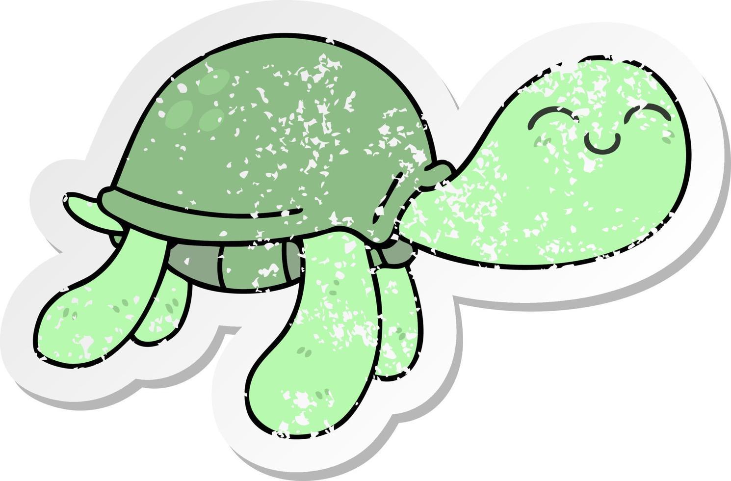 distressed sticker of a quirky hand drawn cartoon turtle vector