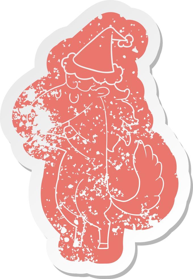 cartoon distressed sticker of a horse wearing santa hat vector