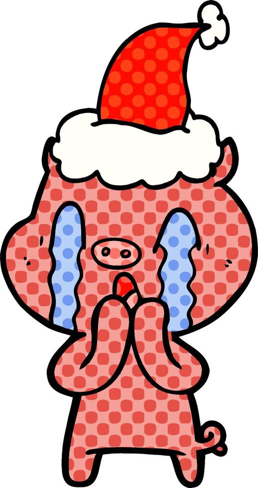 crying pig comic book style illustration of a wearing santa hat vector