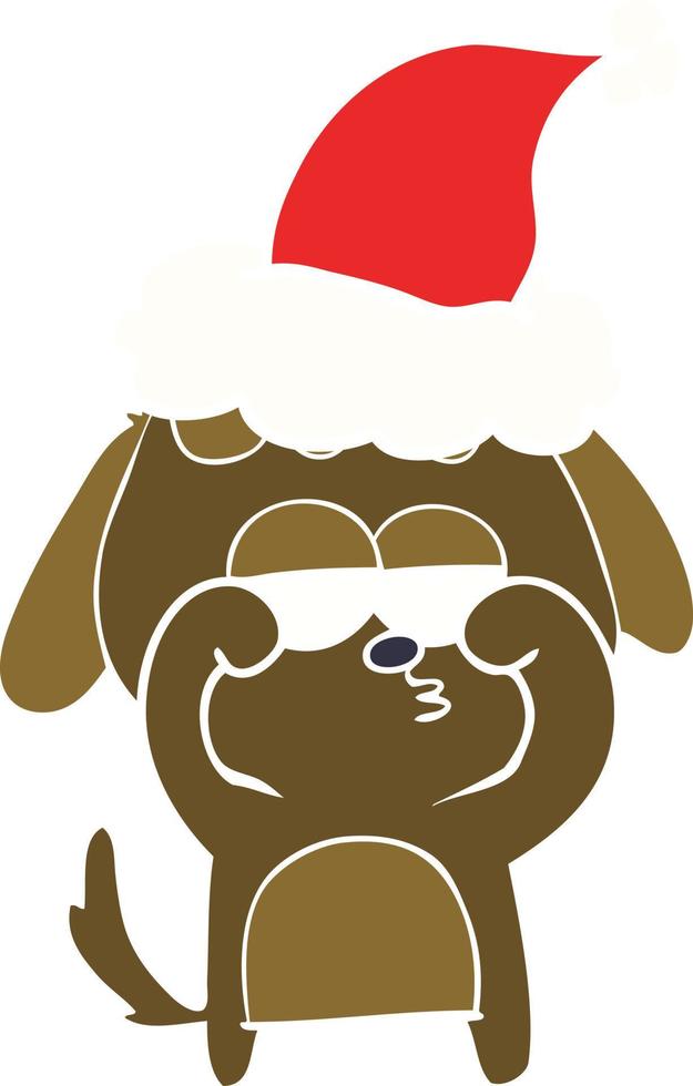 flat color illustration of a tired dog wearing santa hat vector