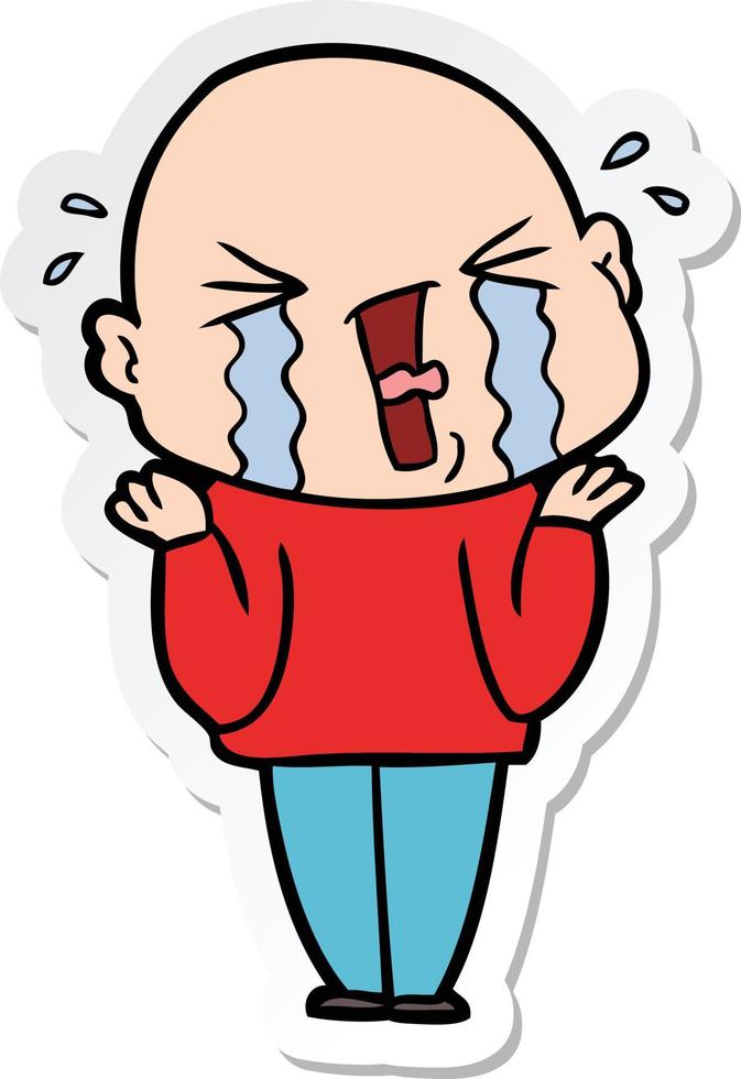 sticker of a cartoon crying bald man vector