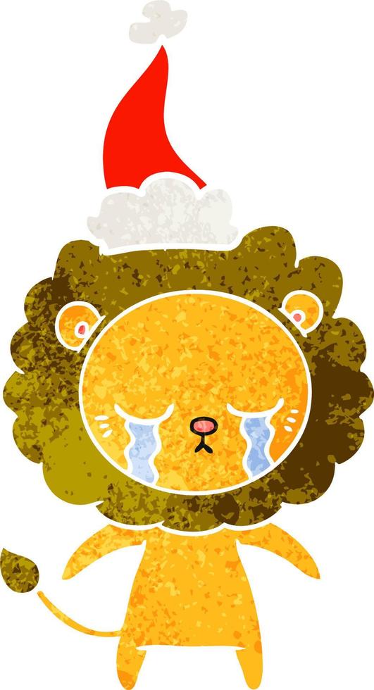 crying retro cartoon of a lion wearing santa hat vector