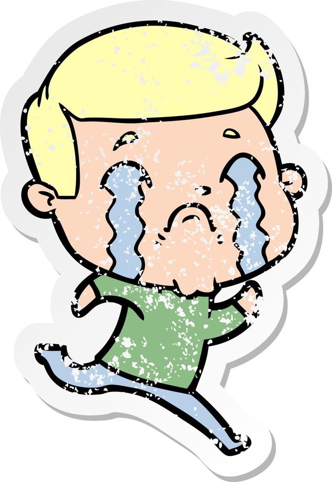 distressed sticker of a cartoon man crying vector