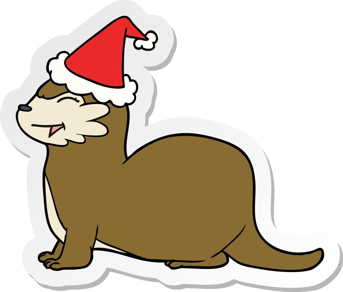 laughing otter sticker cartoon of a wearing santa hat vector