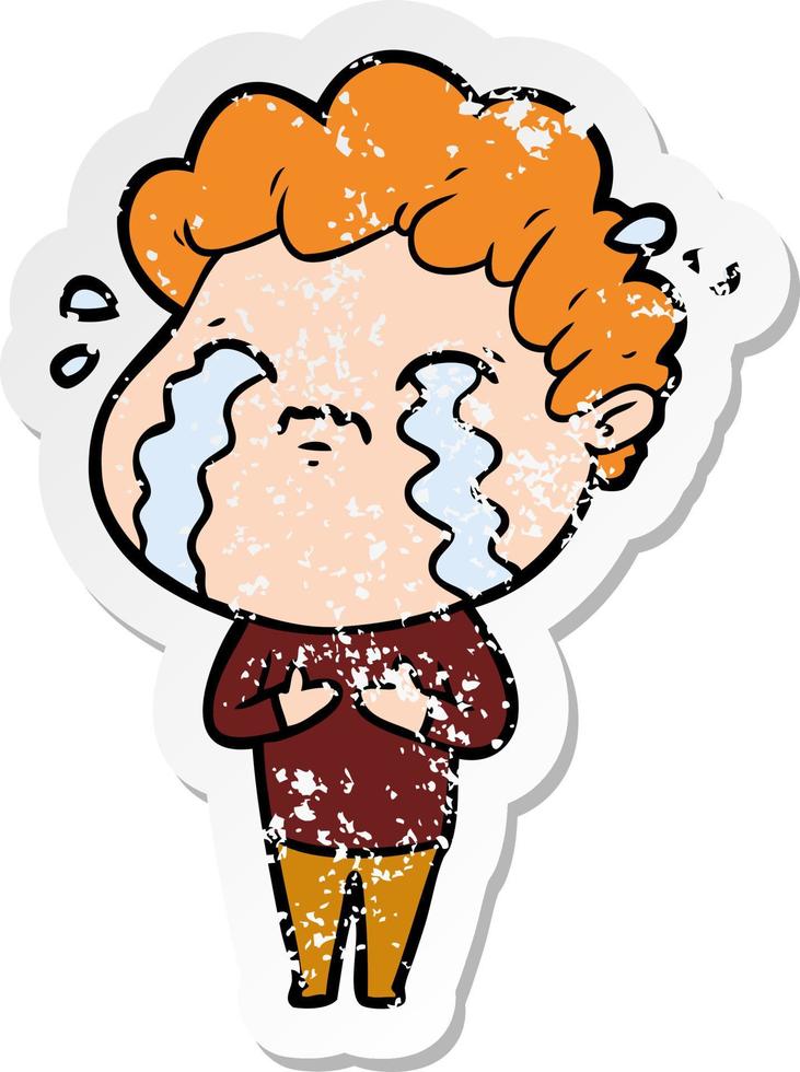 distressed sticker of a cartoon man crying vector