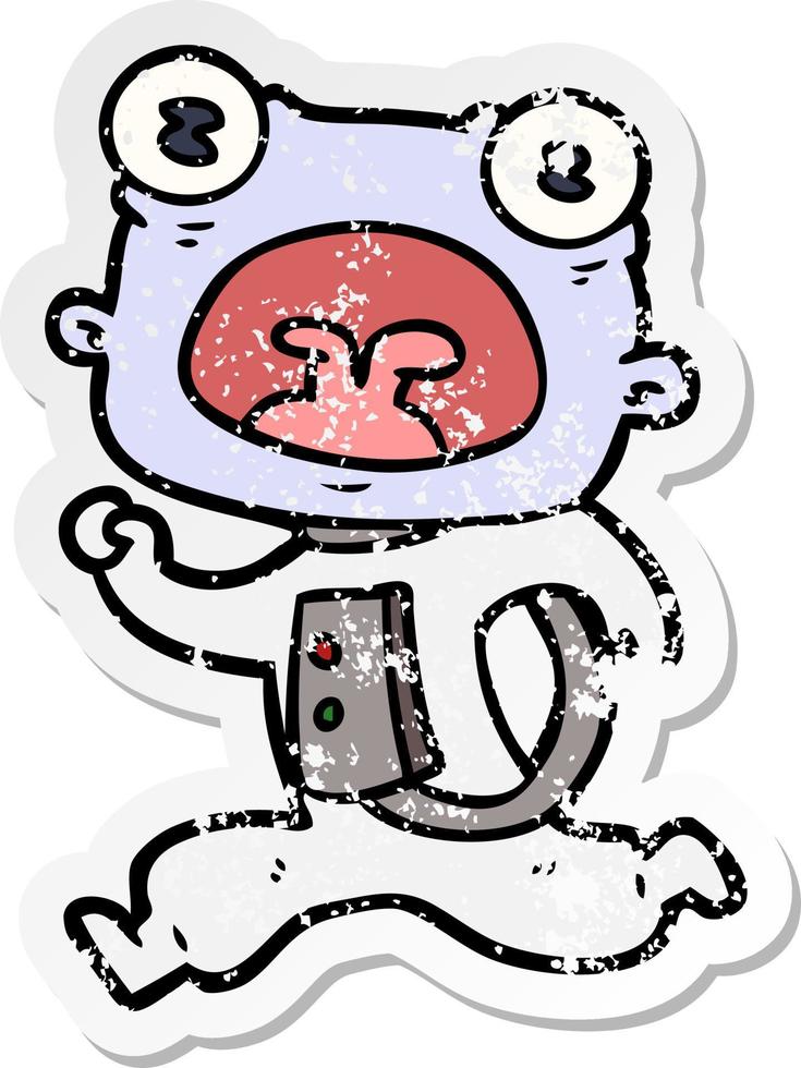 distressed sticker of a cartoon weird alien running away vector