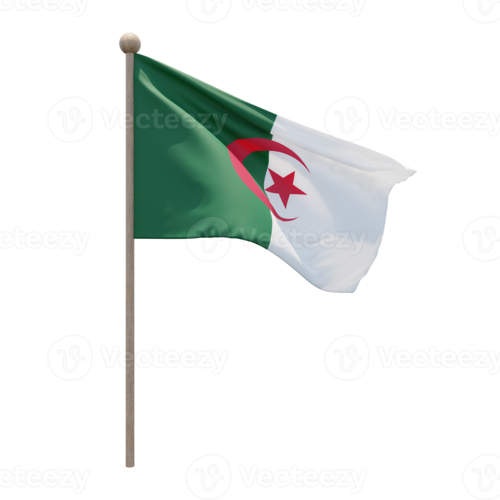 Algeria 3d illustration flag on pole. Wood flagpole png