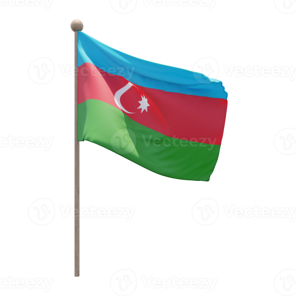 Azerbaijan 3d illustration flag on pole. Wood flagpole png