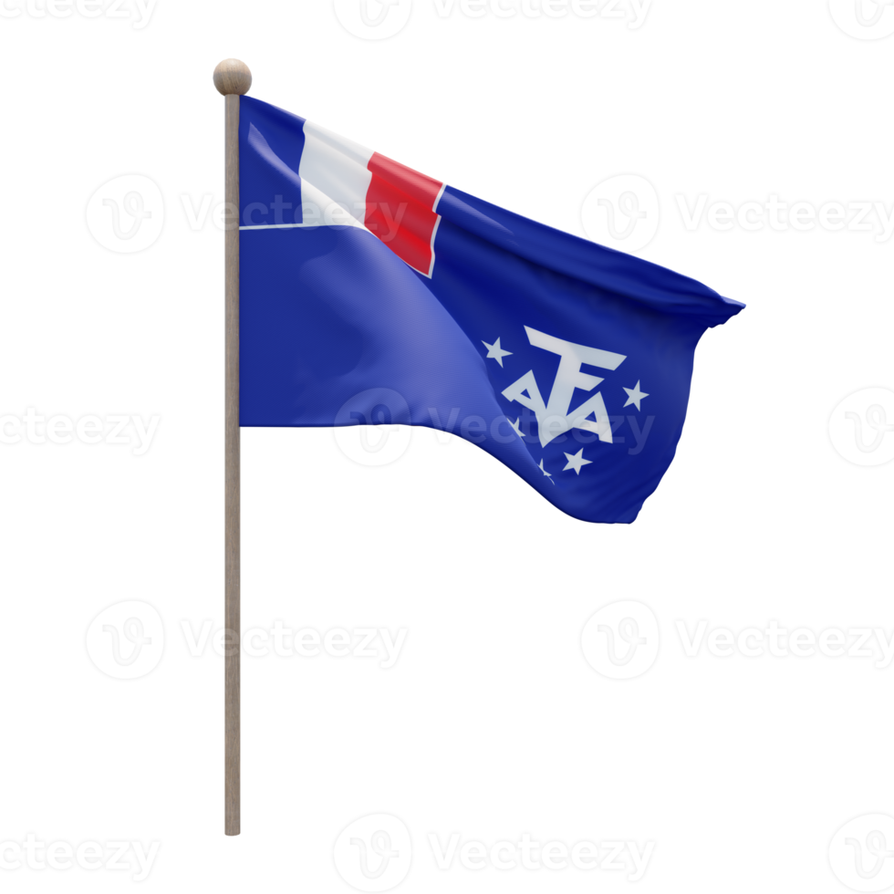 French Southern and Antarctic Lands 3d illustration flag on pole. Wood flagpole png