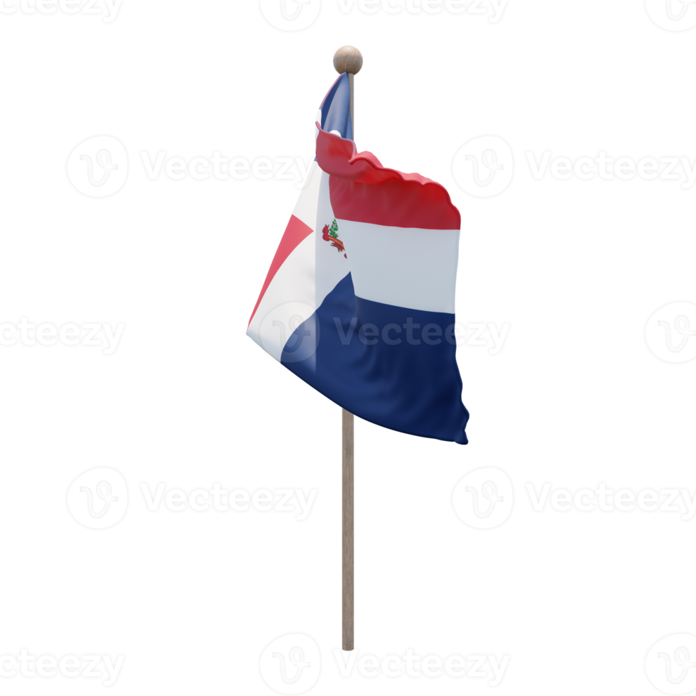 Dominican Republic 3d illustration flag on pole. Wood flagpole png