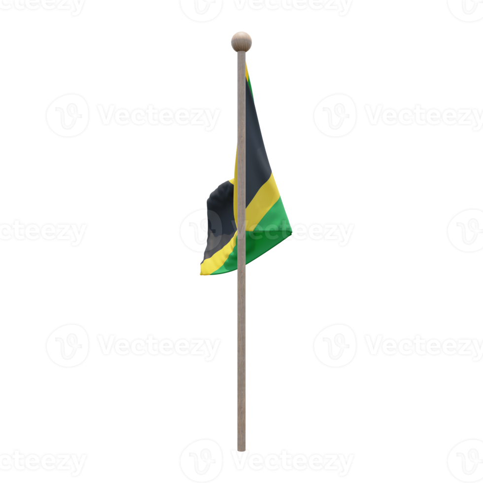 Jamaica 3d illustration flag on pole. Wood flagpole png