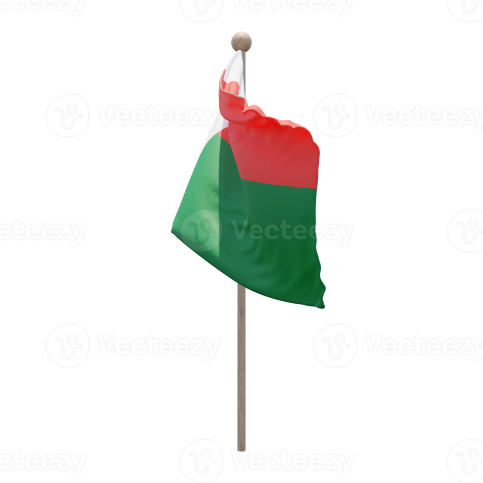 Madagascar 3d illustration flag on pole. Wood flagpole png