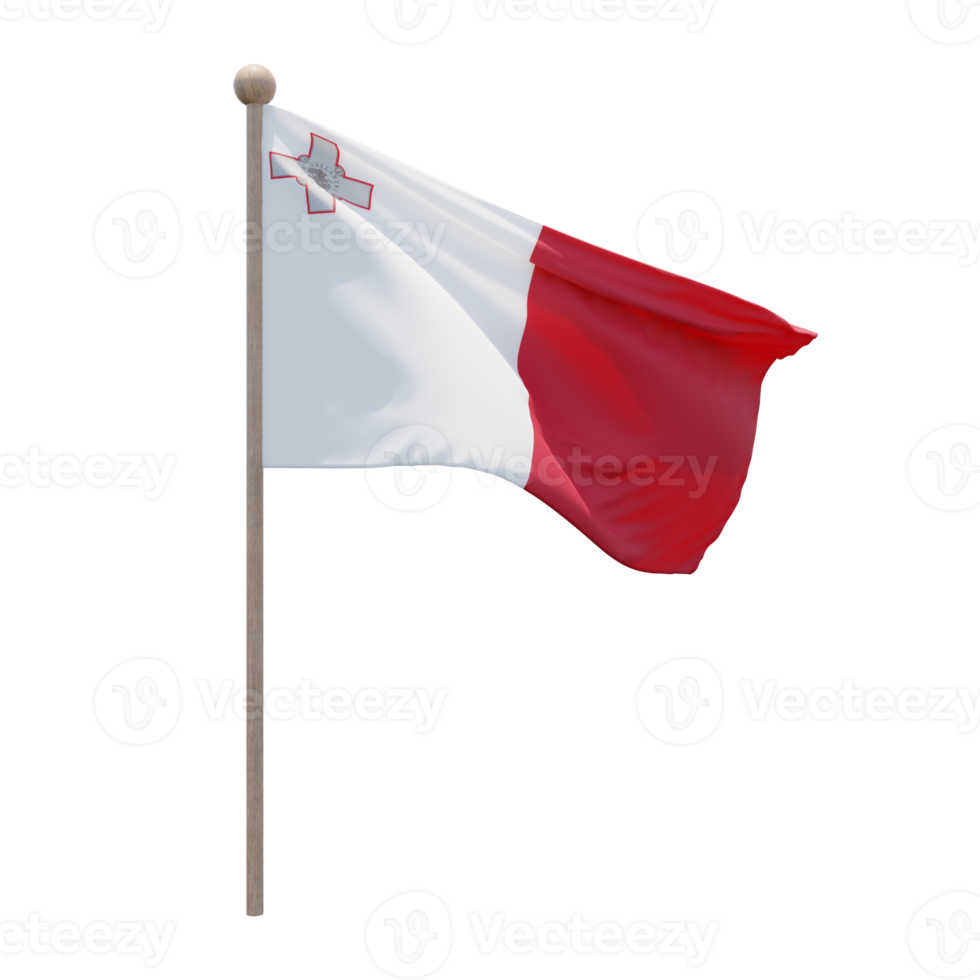 Malta 3d illustration flag on pole. Wood flagpole png