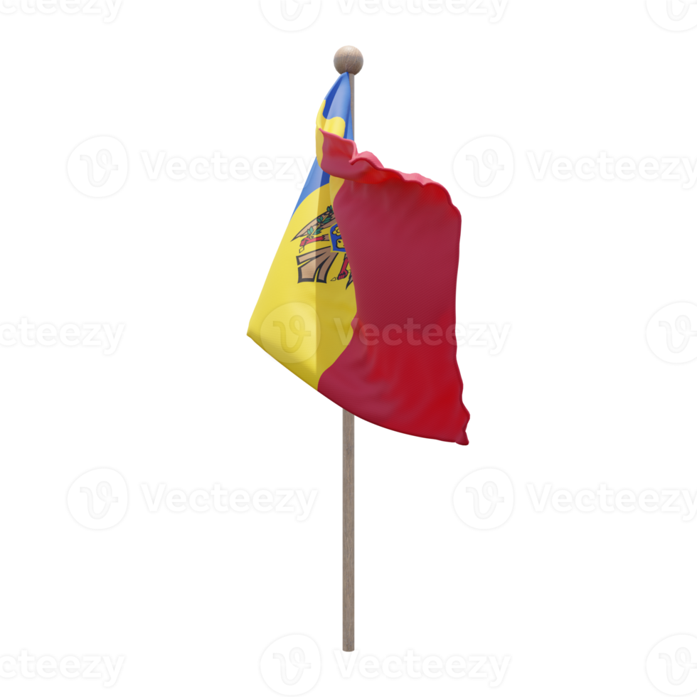 Moldova 3d illustration flag on pole. Wood flagpole png