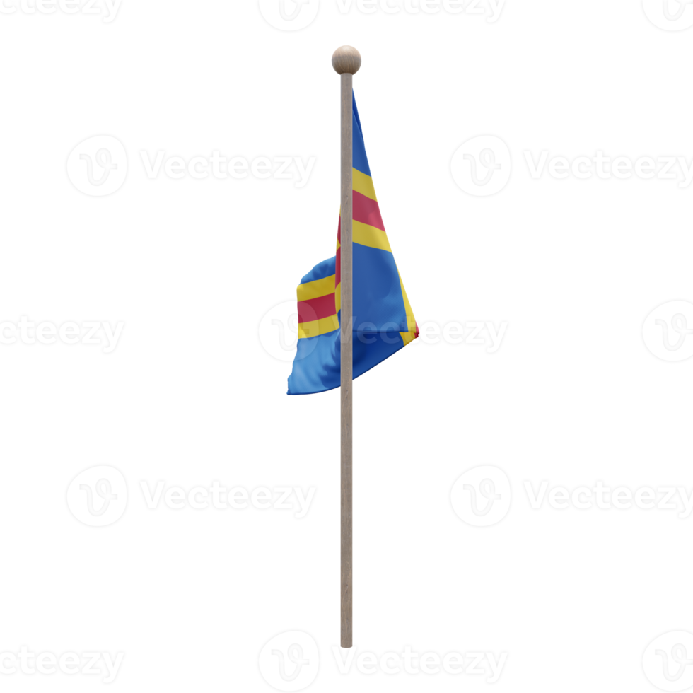 Aland 3d illustration flag on pole. Wood flagpole png