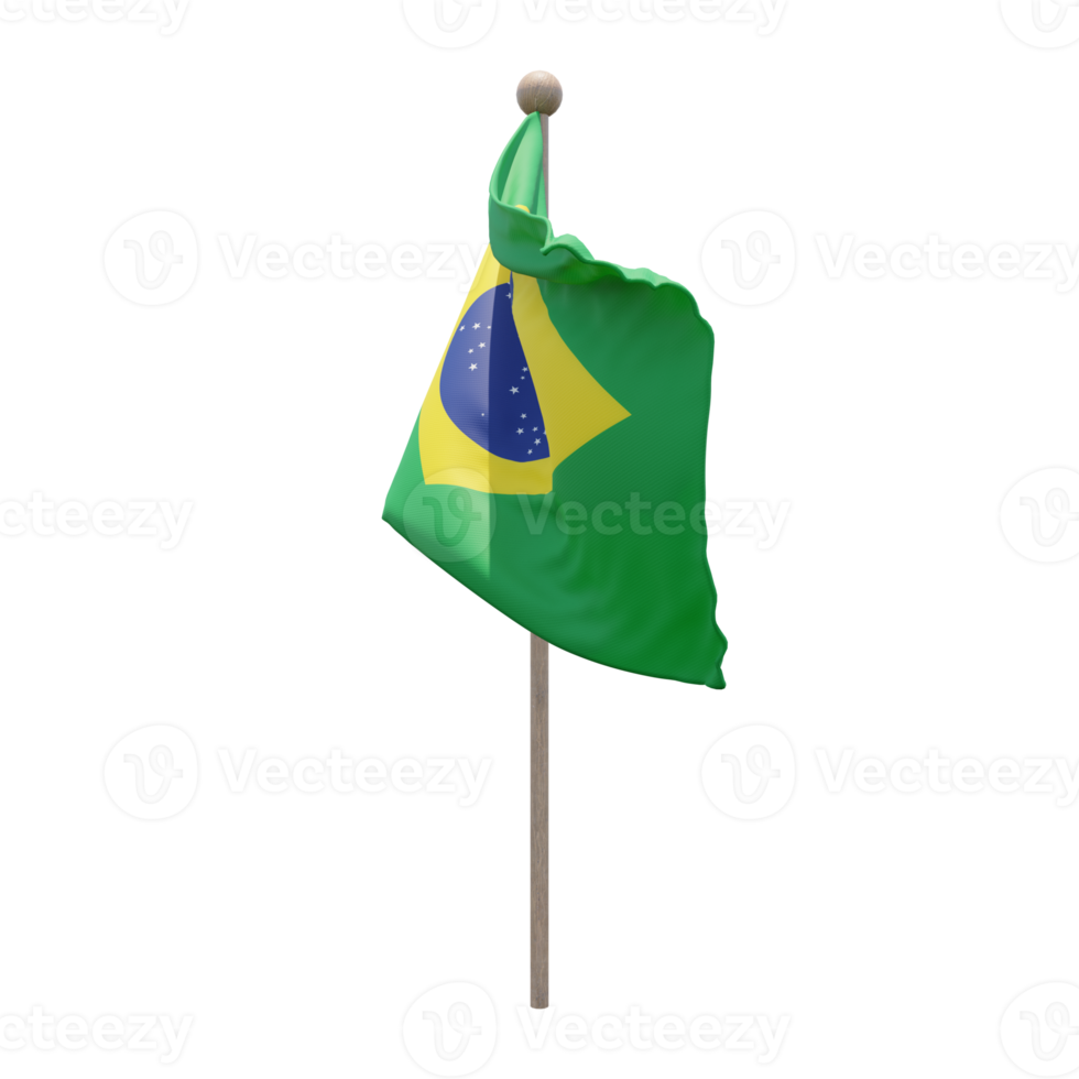 Brazil 3d illustration flag on pole. Wood flagpole png