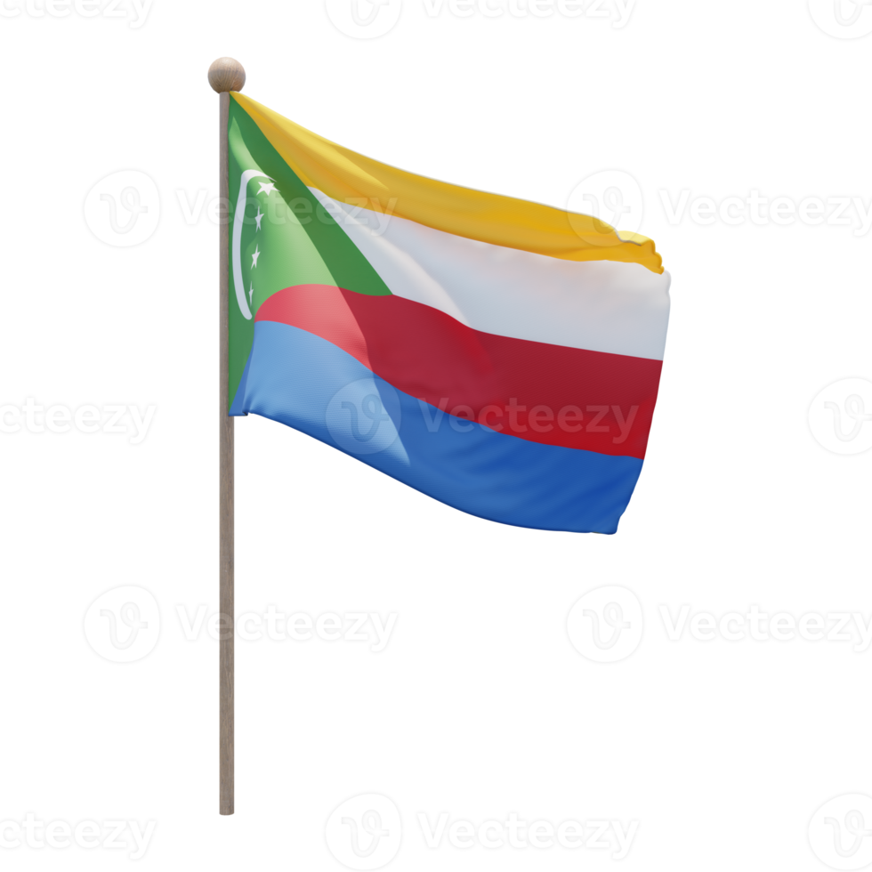 Comoros 3d illustration flag on pole. Wood flagpole png