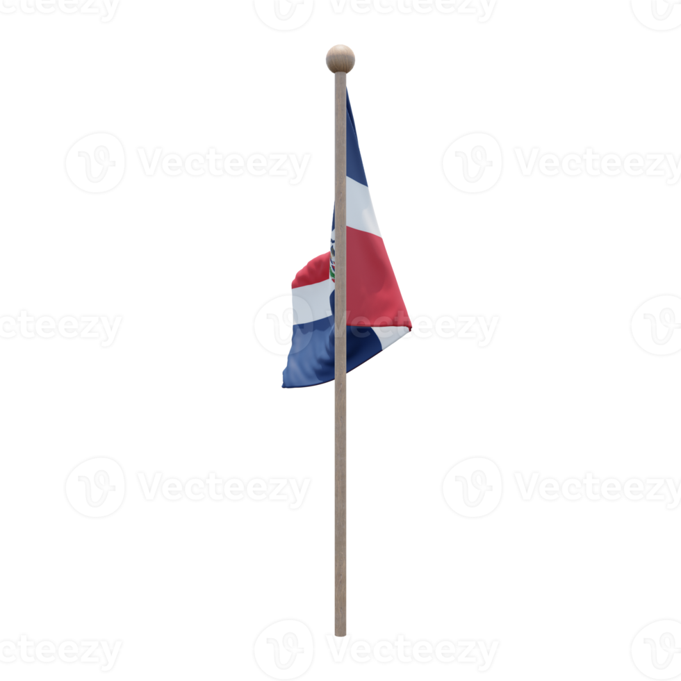 Dominican Republic 3d illustration flag on pole. Wood flagpole png