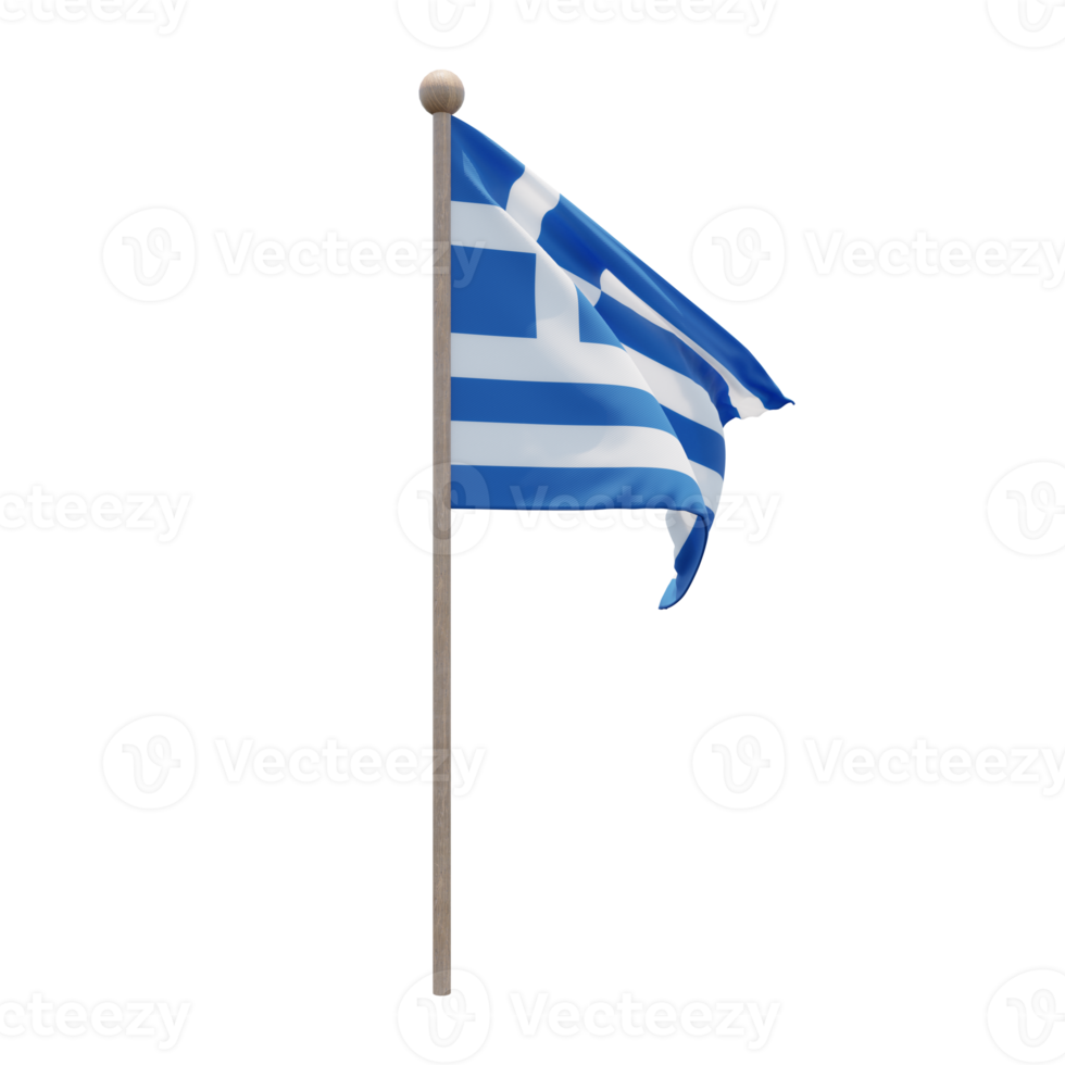 Greece 3d illustration flag on pole. Wood flagpole png