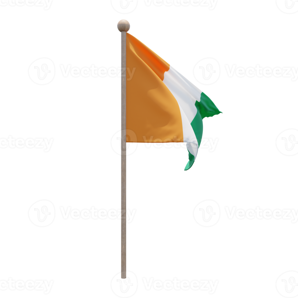 Ivory Coast 3d illustration flag on pole. Wood flagpole png