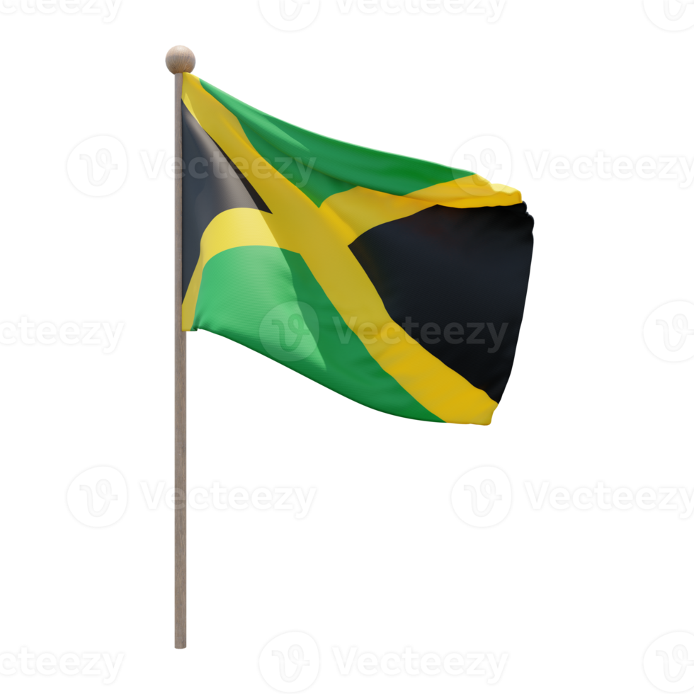 Jamaica 3d illustration flag on pole. Wood flagpole png