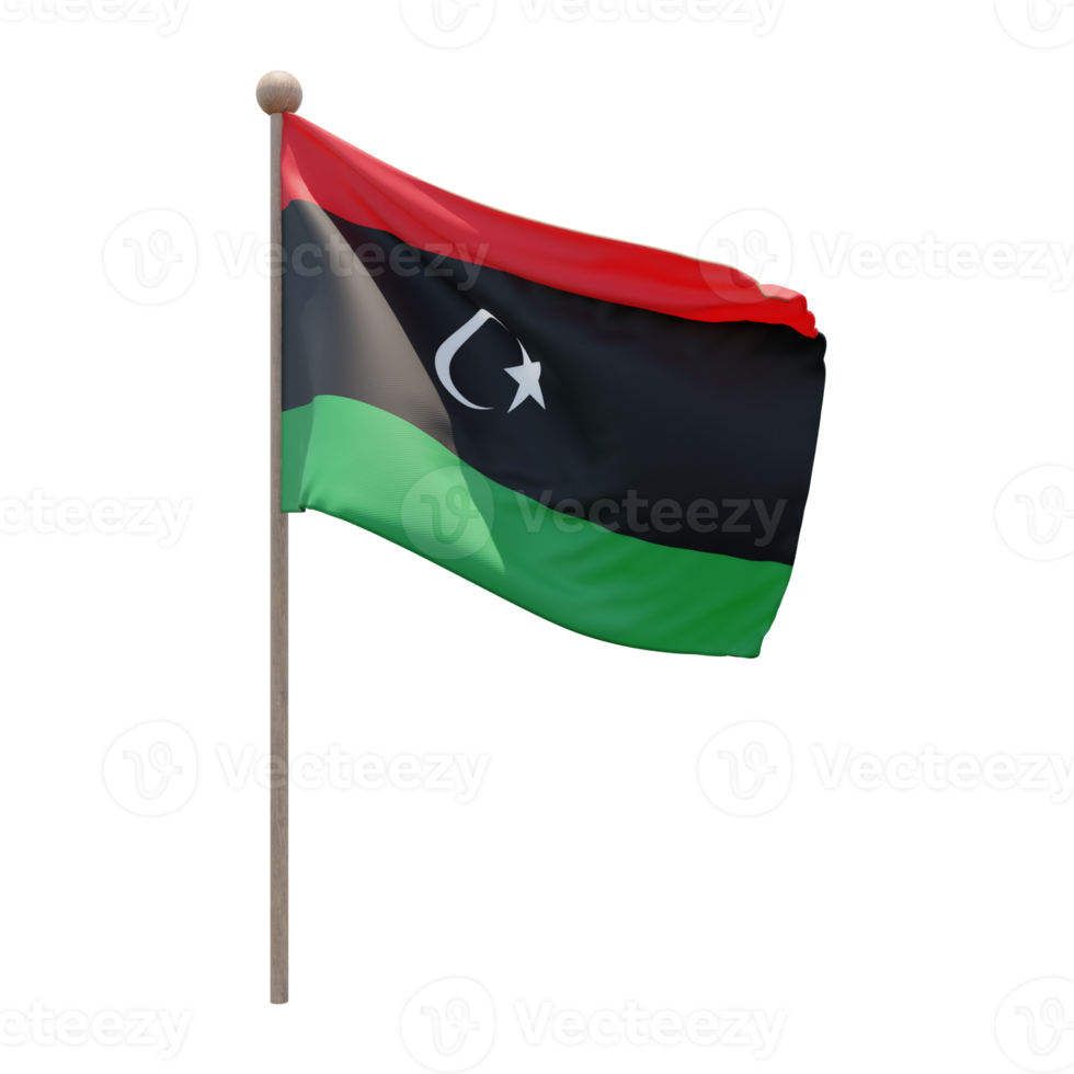 Libya 3d illustration flag on pole. Wood flagpole png