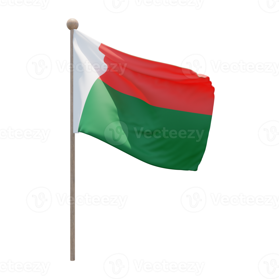 Madagascar 3d illustration flag on pole. Wood flagpole png