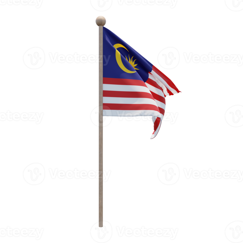 Malaysia 3d illustration flag on pole. Wood flagpole png