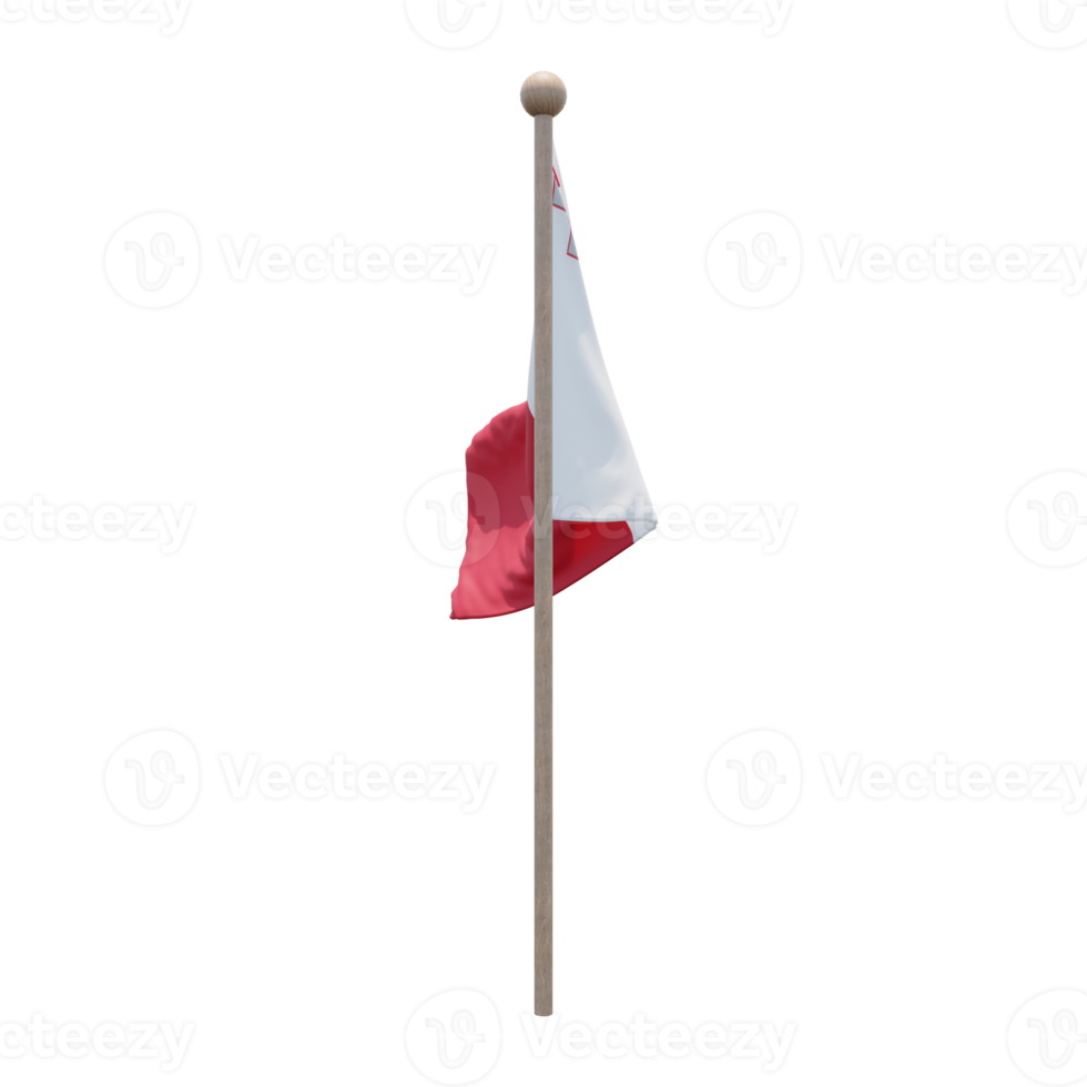 Malta 3d illustration flag on pole. Wood flagpole png