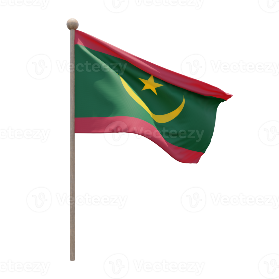 Mauritania 3d illustration flag on pole. Wood flagpole png