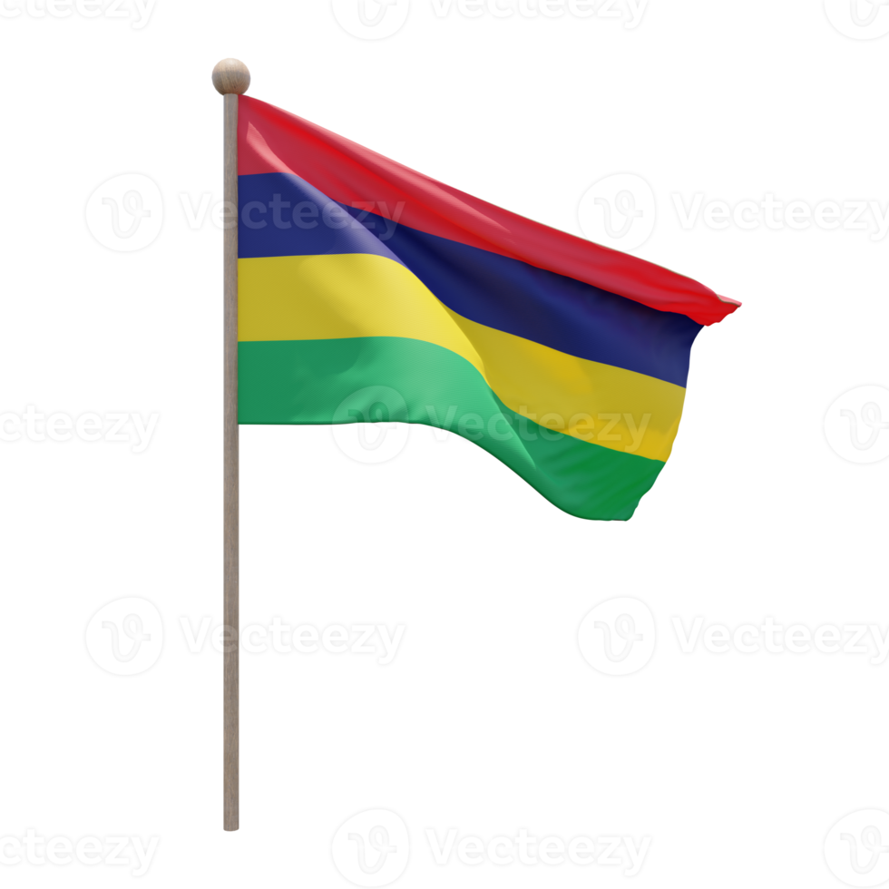 Mauritius 3d illustration flag on pole. Wood flagpole png