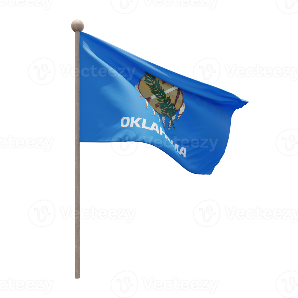 Oklahoma 3d illustration flag on pole. Wood flagpole png