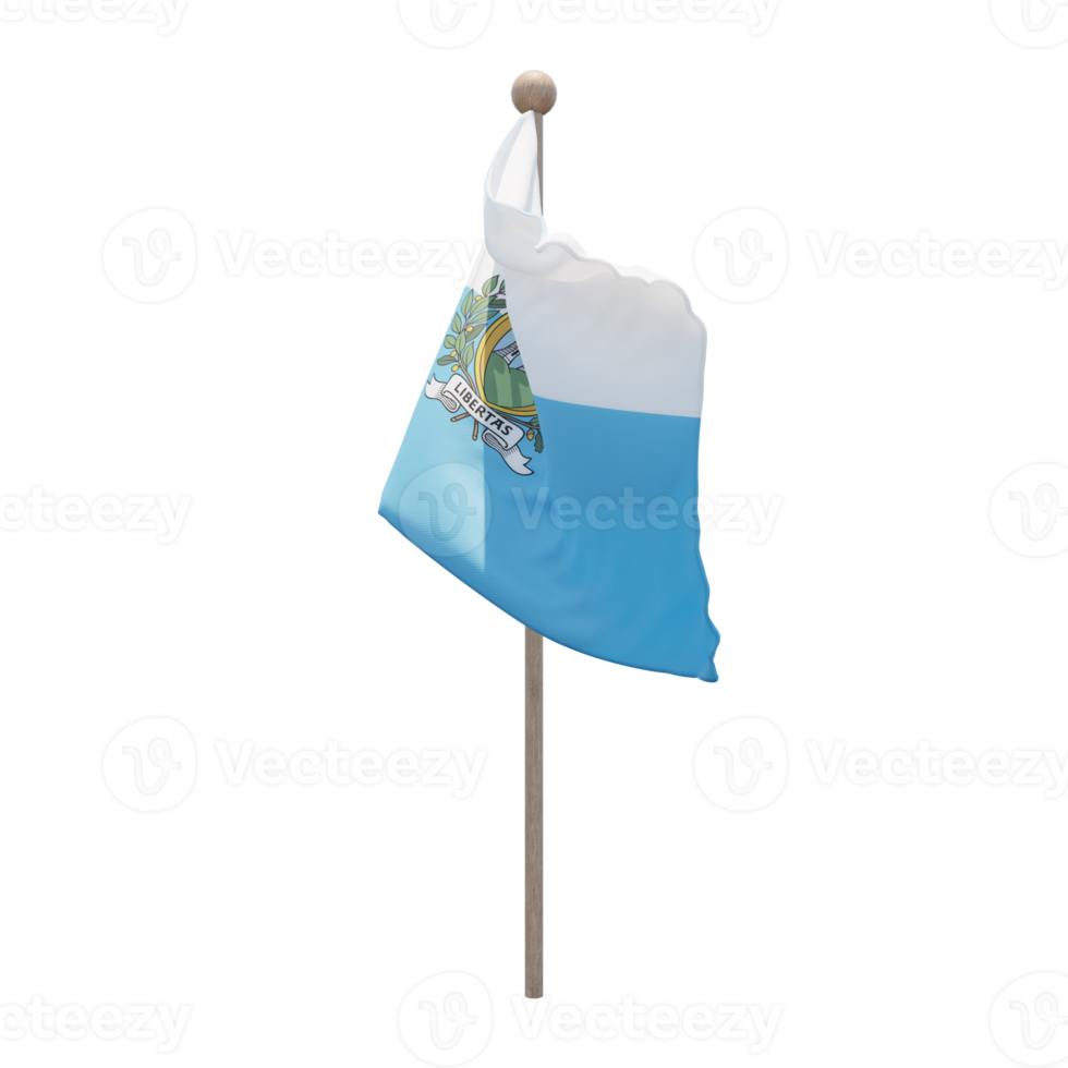 San Marino 3d illustration flag on pole. Wood flagpole png