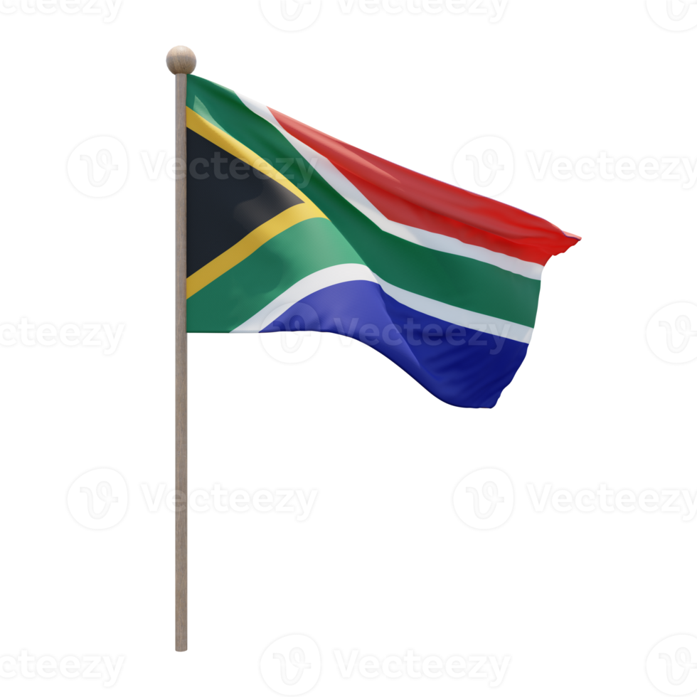 South Africa 3d illustration flag on pole. Wood flagpole png