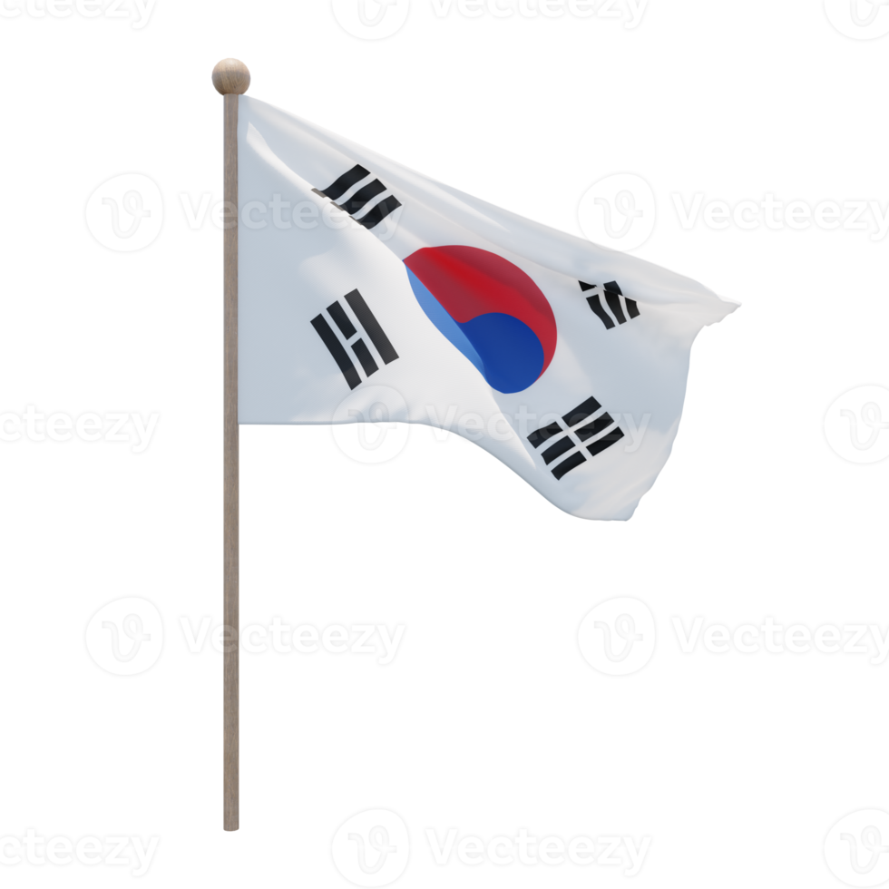 South Korea 3d illustration flag on pole. Wood flagpole png