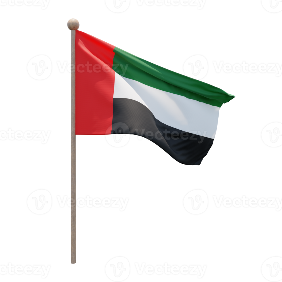 United Arab Emirates 3d illustration flag on pole. Wood flagpole png