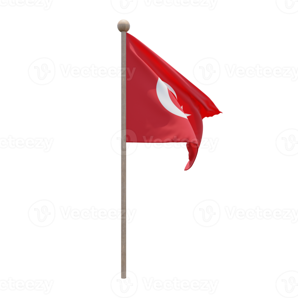 Turkey 3d illustration flag on pole. Wood flagpole png