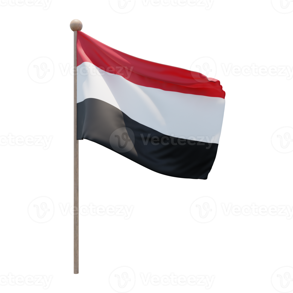 Yemen 3d illustration flag on pole. Wood flagpole png