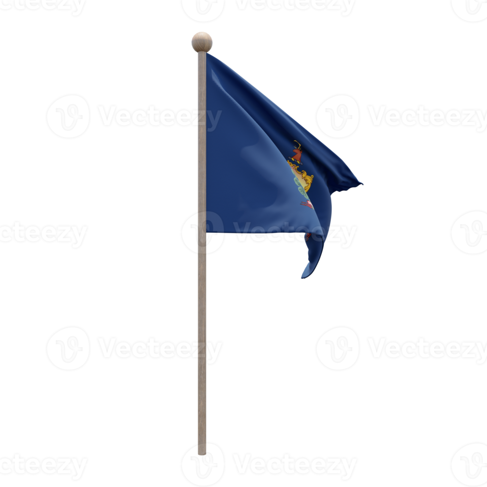 Vermont 3D-Darstellung Flagge auf der Stange. Fahnenmast aus Holz png