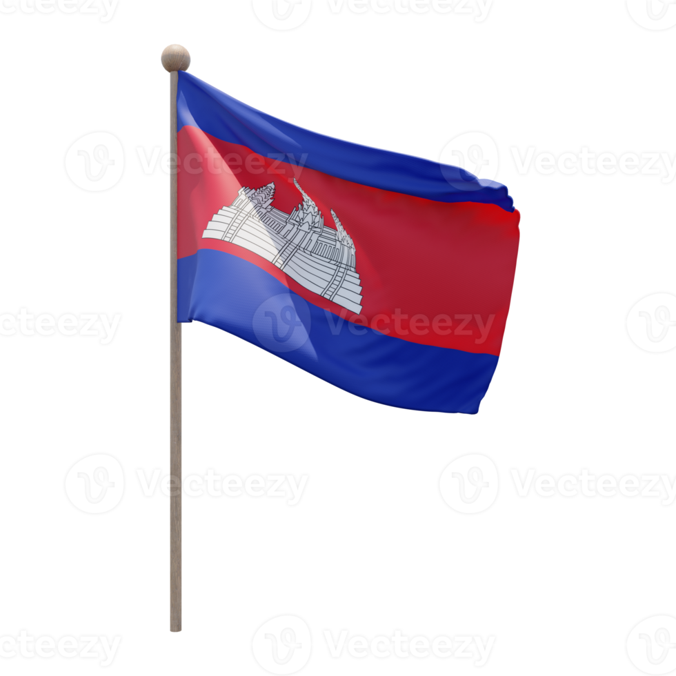 Cambodia 3d illustration flag on pole. Wood flagpole png