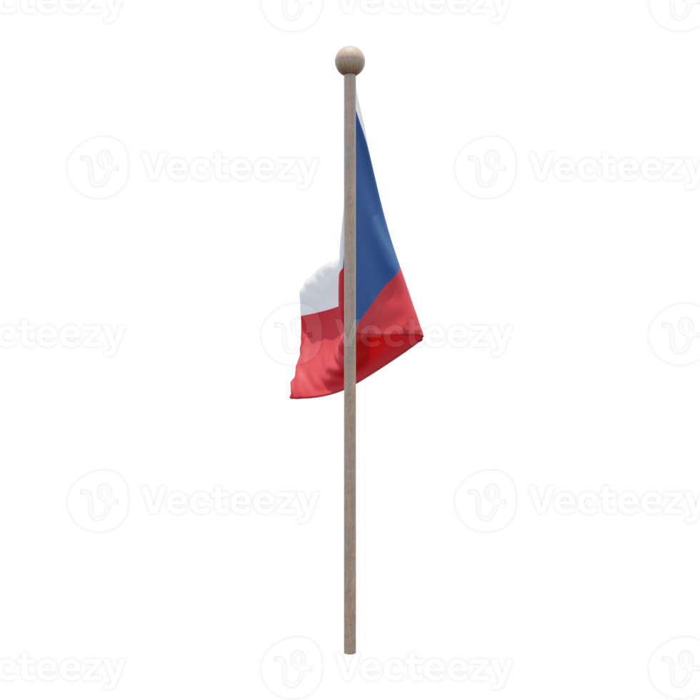 Czech Republic 3d illustration flag on pole. Wood flagpole png