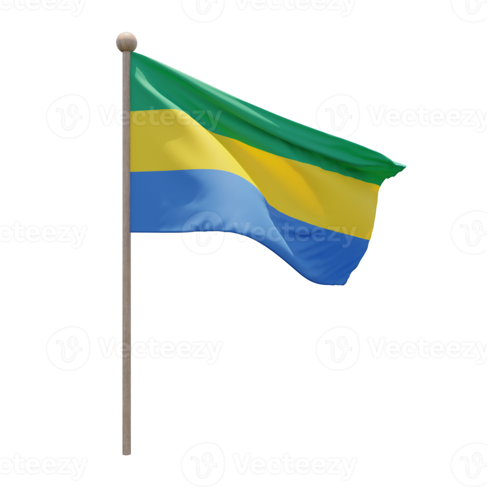 Gabon 3d illustration flag on pole. Wood flagpole png
