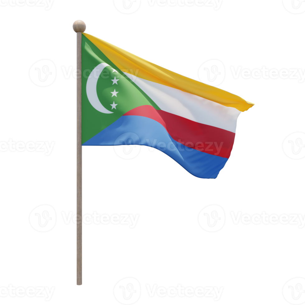 Comoros 3d illustration flag on pole. Wood flagpole png