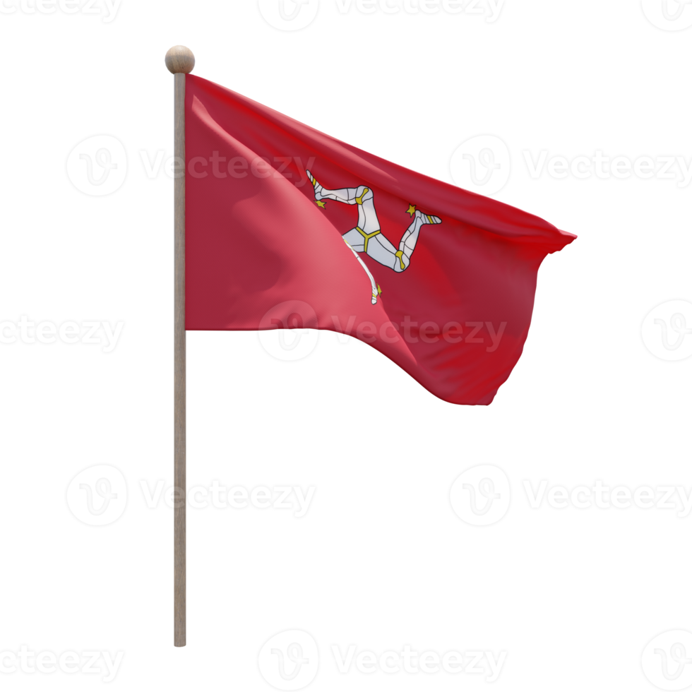 Isle of Mann 3d illustration flag on pole. Wood flagpole png
