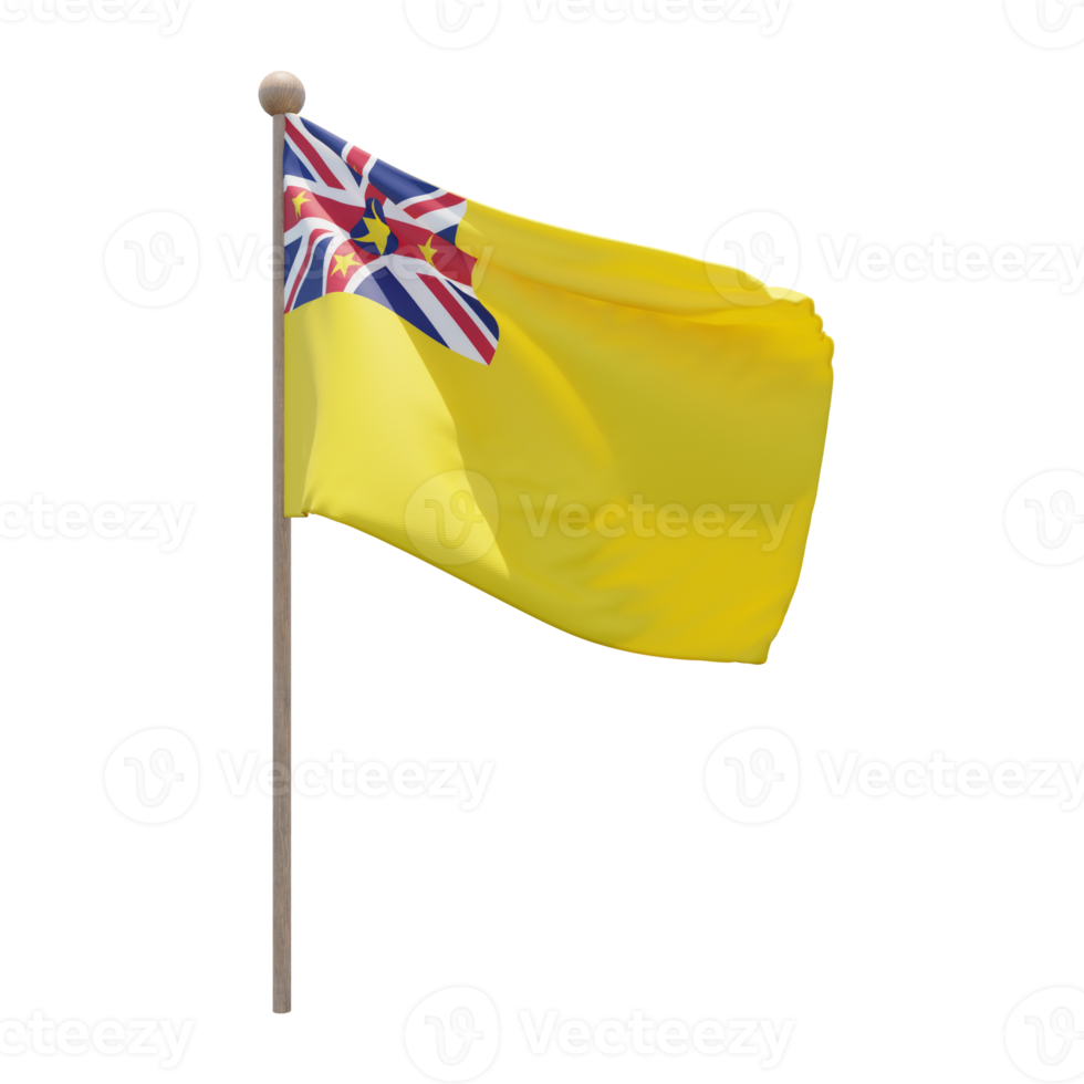 Niue 3d illustration flag on pole. Wood flagpole png