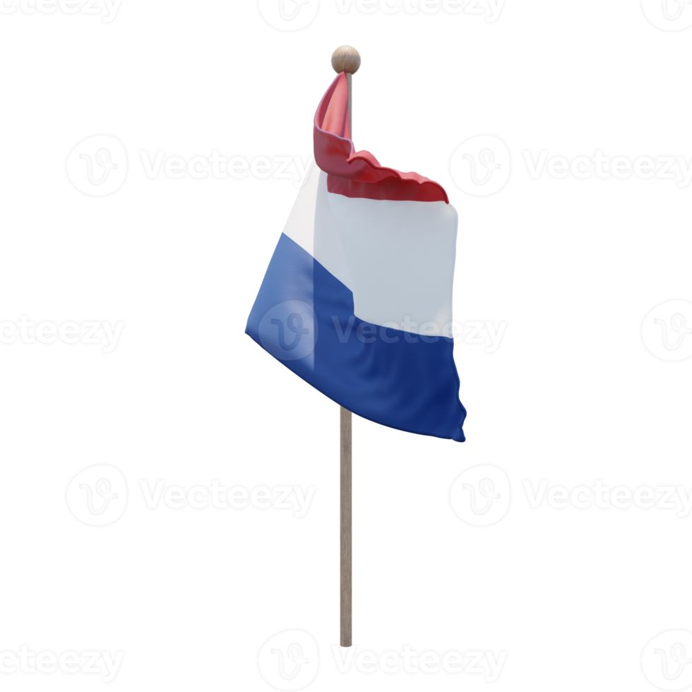 Netherlands 3d illustration flag on pole. Wood flagpole png