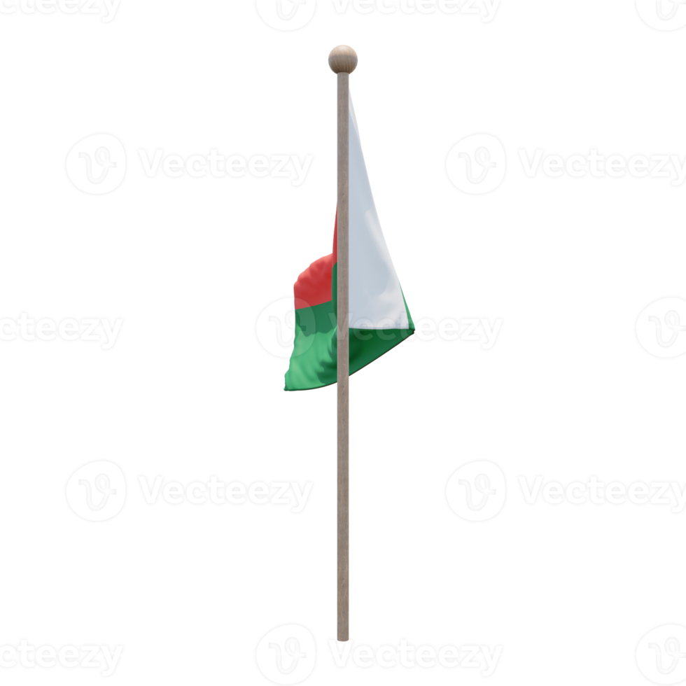 Madagascar 3d illustration flag on pole. Wood flagpole png