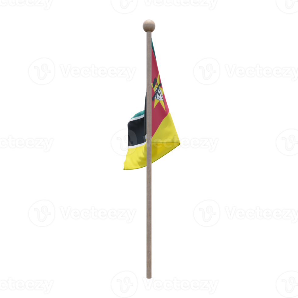 Mozambique 3d illustration flag on pole. Wood flagpole png