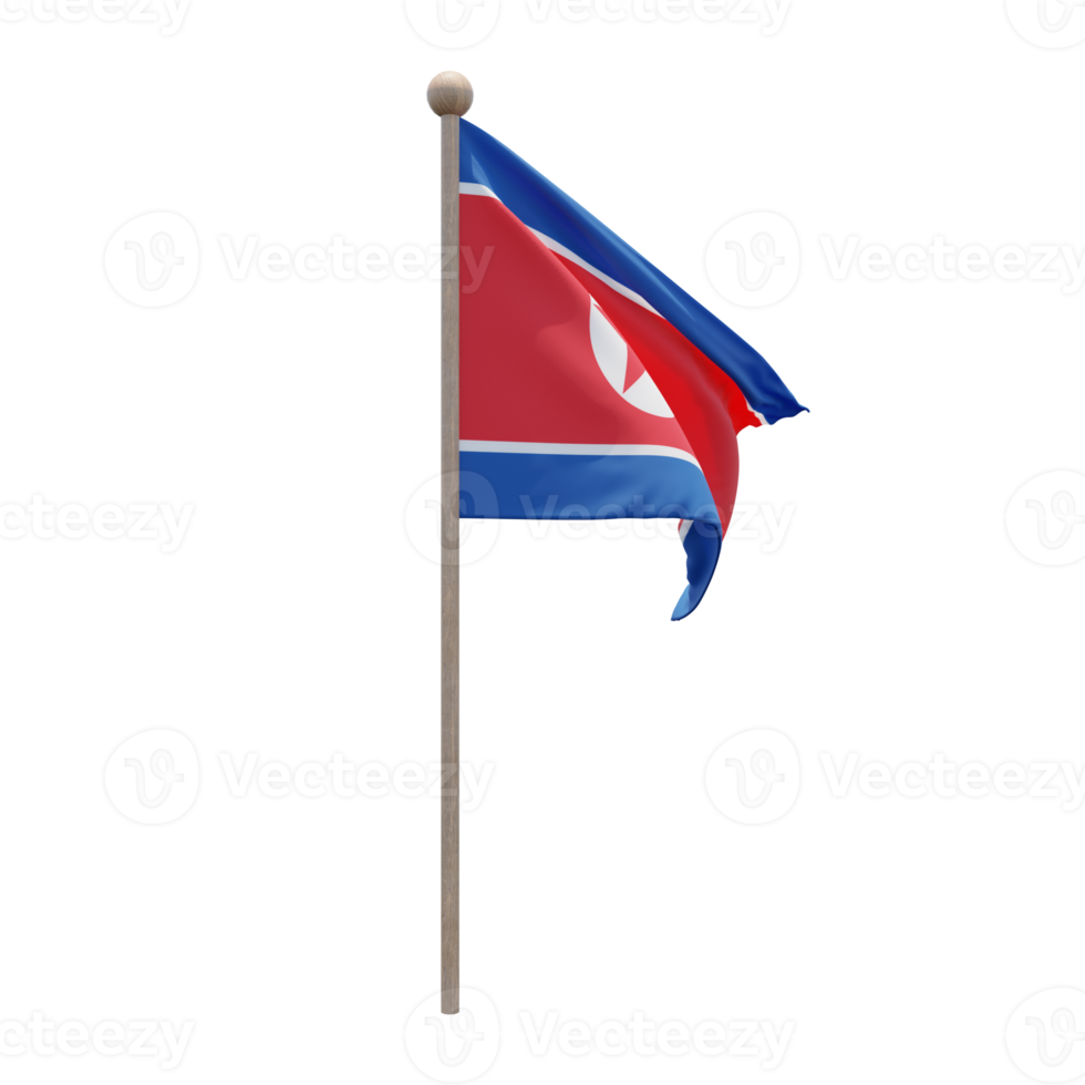 North Korea 3d illustration flag on pole. Wood flagpole png